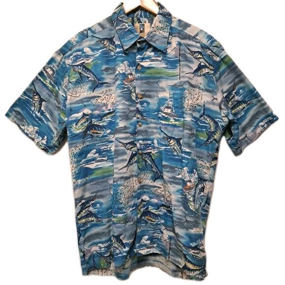 Kahala Hawaiian Camp Shirt Mens M Blue Marlin Fish Cotton Button Up Pat Anderson - Picture 1 of 15